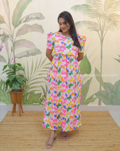 Ajanta | Zipless Maternity Dress - Puff Sleeves | Full Length Maxi