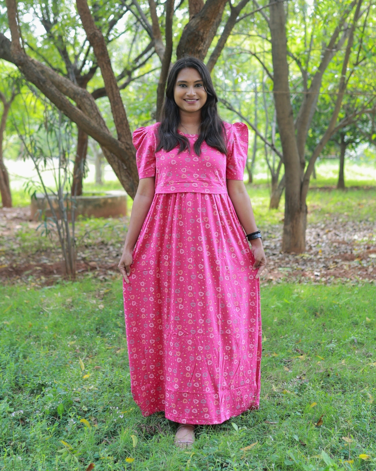 Sweet Heart | Zipless Maternity Dress - Puff Sleeves | Full Length Maxi