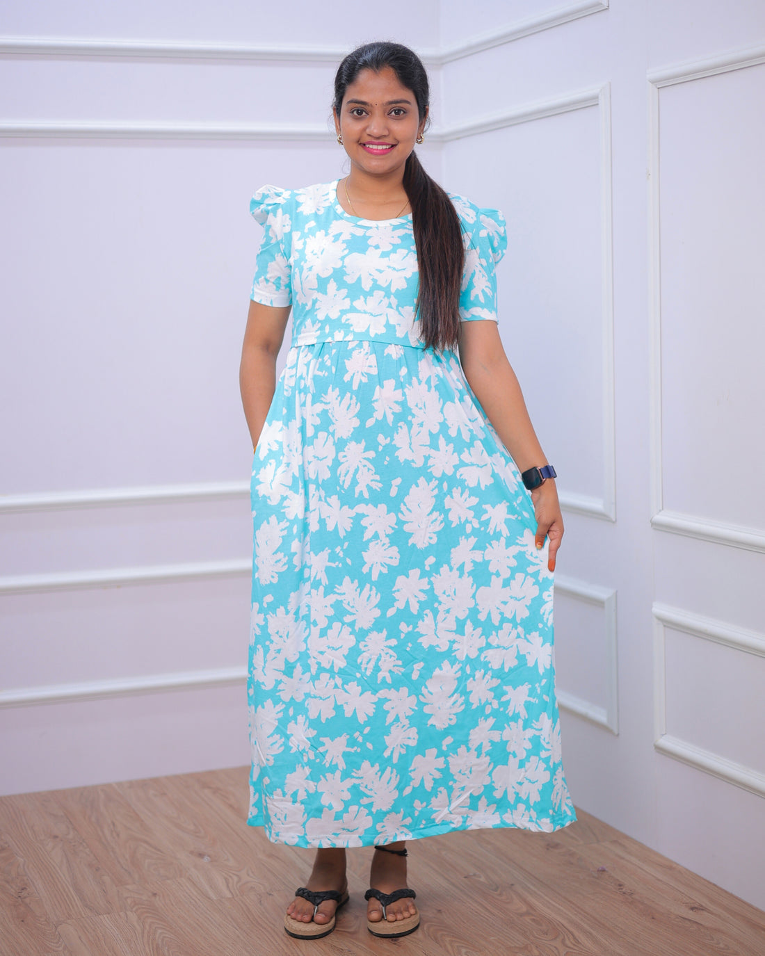 Yashi | Zipless Maternity Dress - Puff Sleeves | Full Length