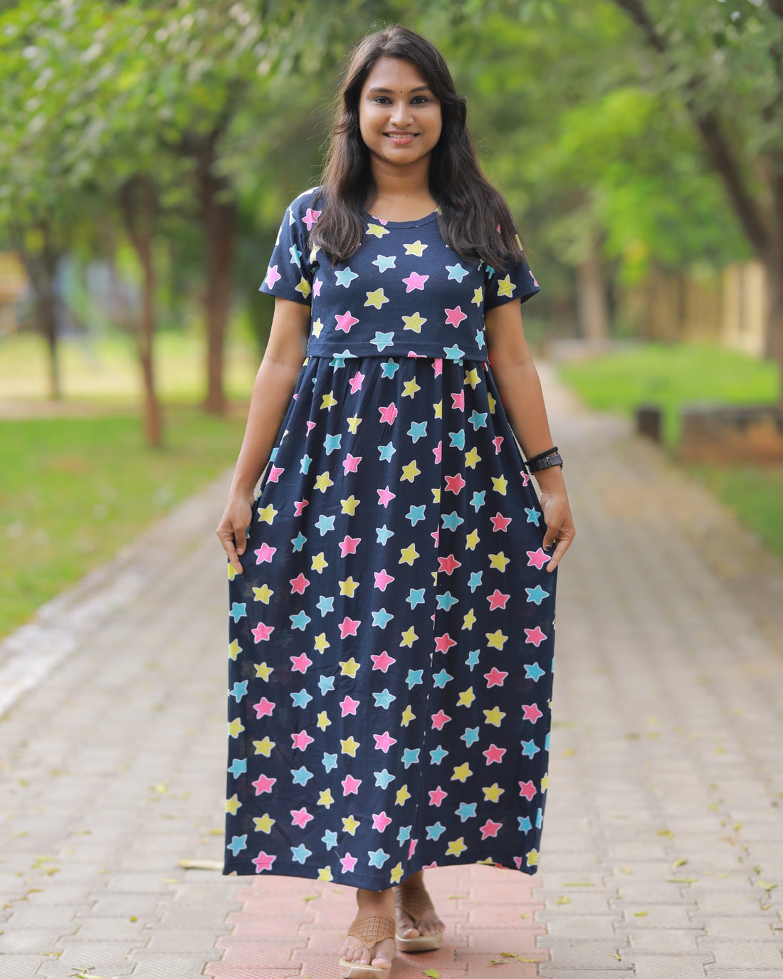 Color Star | Zipless Maternity Dress - Normal Sleeves | Full Length Maxi