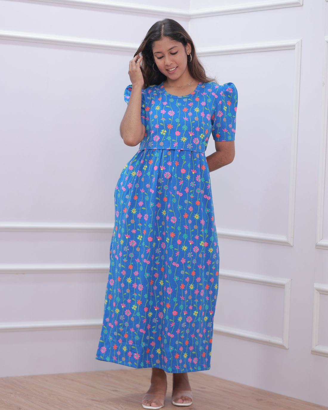Maria | Zipless Maternity Dress - Puff Sleeves | Full Length