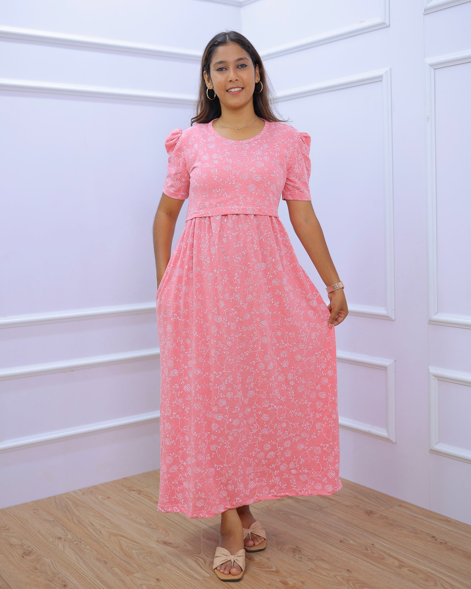 Iyla | Zipless Maternity Dress - Puff Sleeves | Full Length