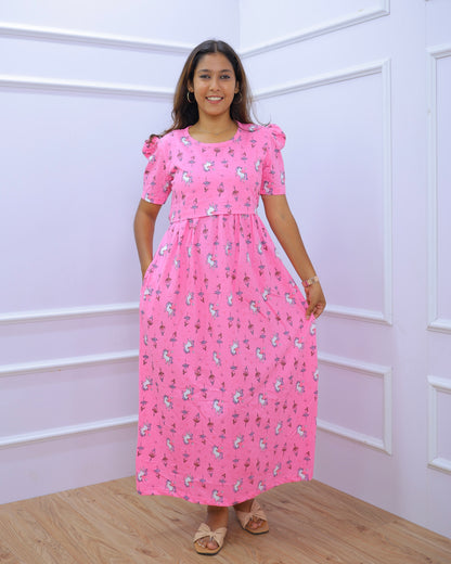 Unicorn | Zipless Maternity Dress - Puff Sleeves | Full Length