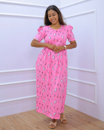 Unicorn | Zipless Maternity Dress - Puff Sleeves | Full Length