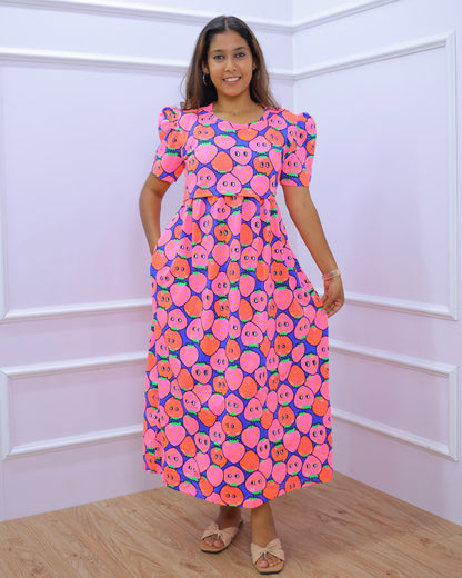 Mishty | Zipless Maternity Dress - Puff Sleeves | Full Length