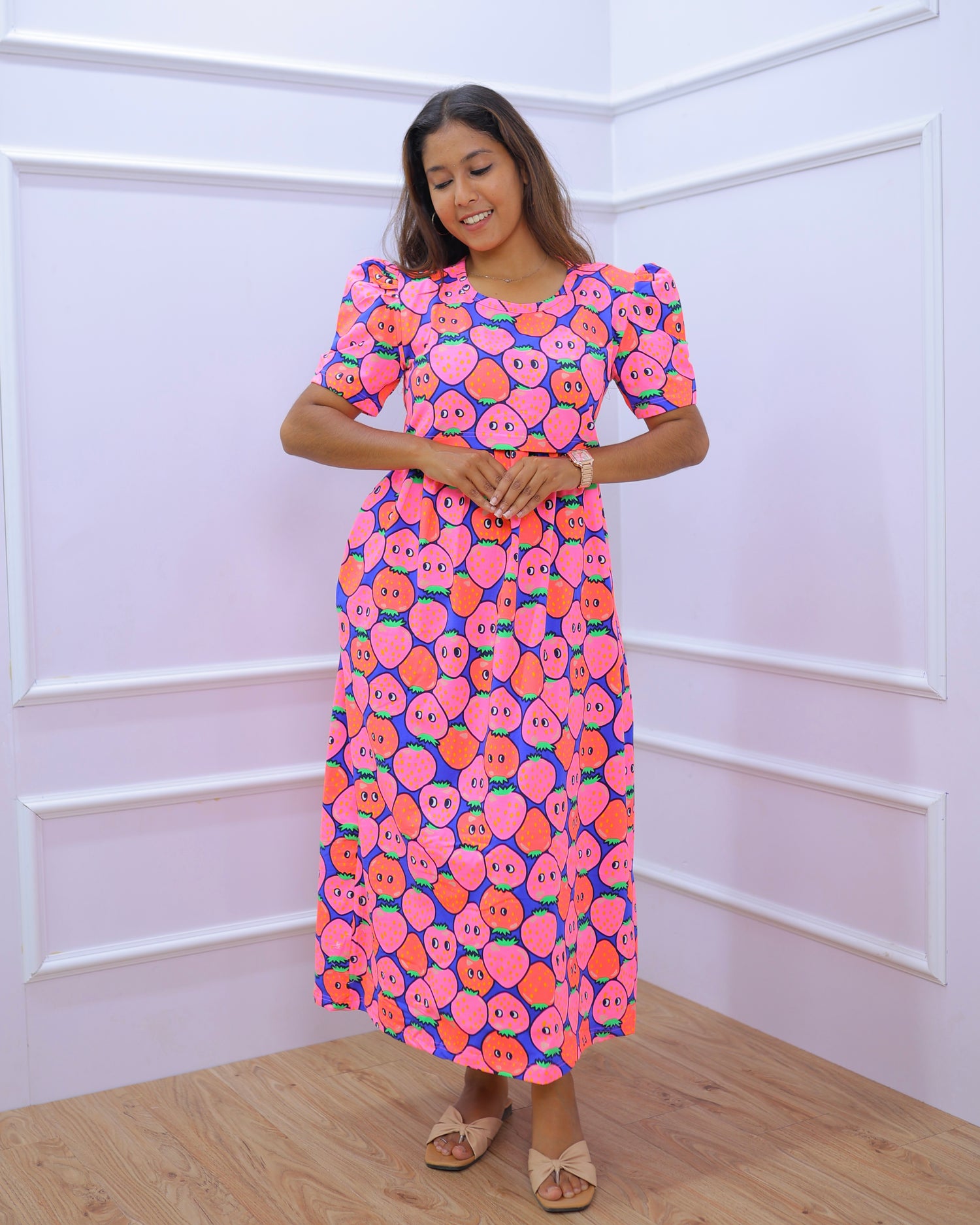 Mishty | Zipless Maternity Dress - Puff Sleeves | Full Length
