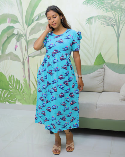Fishy | Casual Non-Maternity Loungewear - Puff Sleeve | Calf Length
