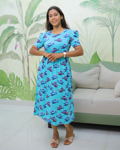 Fishy | Casual Non-Maternity Loungewear - Puff Sleeve | Calf Length