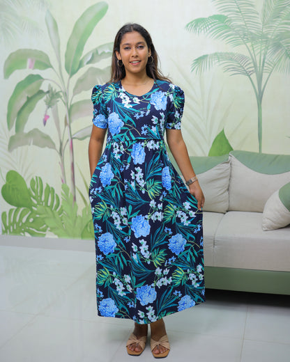 Yathra | Zipless Maternity Dress - Puff Sleeves | Full Length