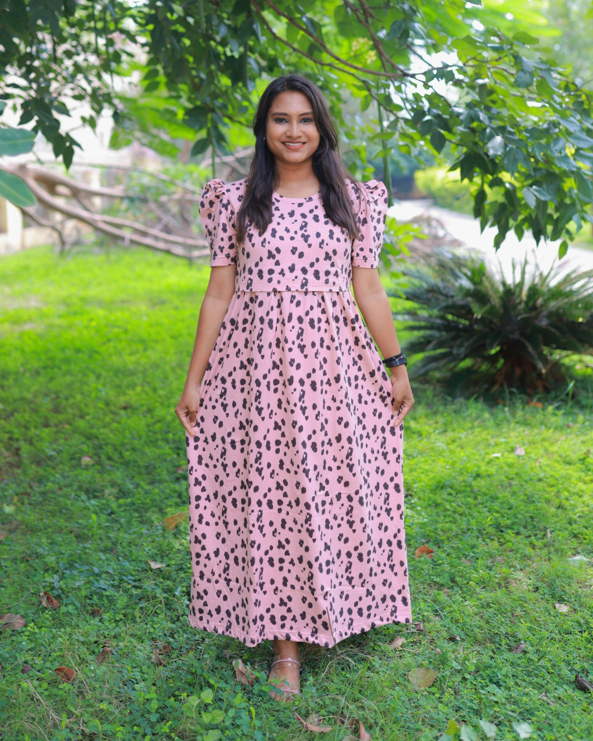 Teena | Zipless Maternity Dress - Puff Sleeves | Full Length Maxi