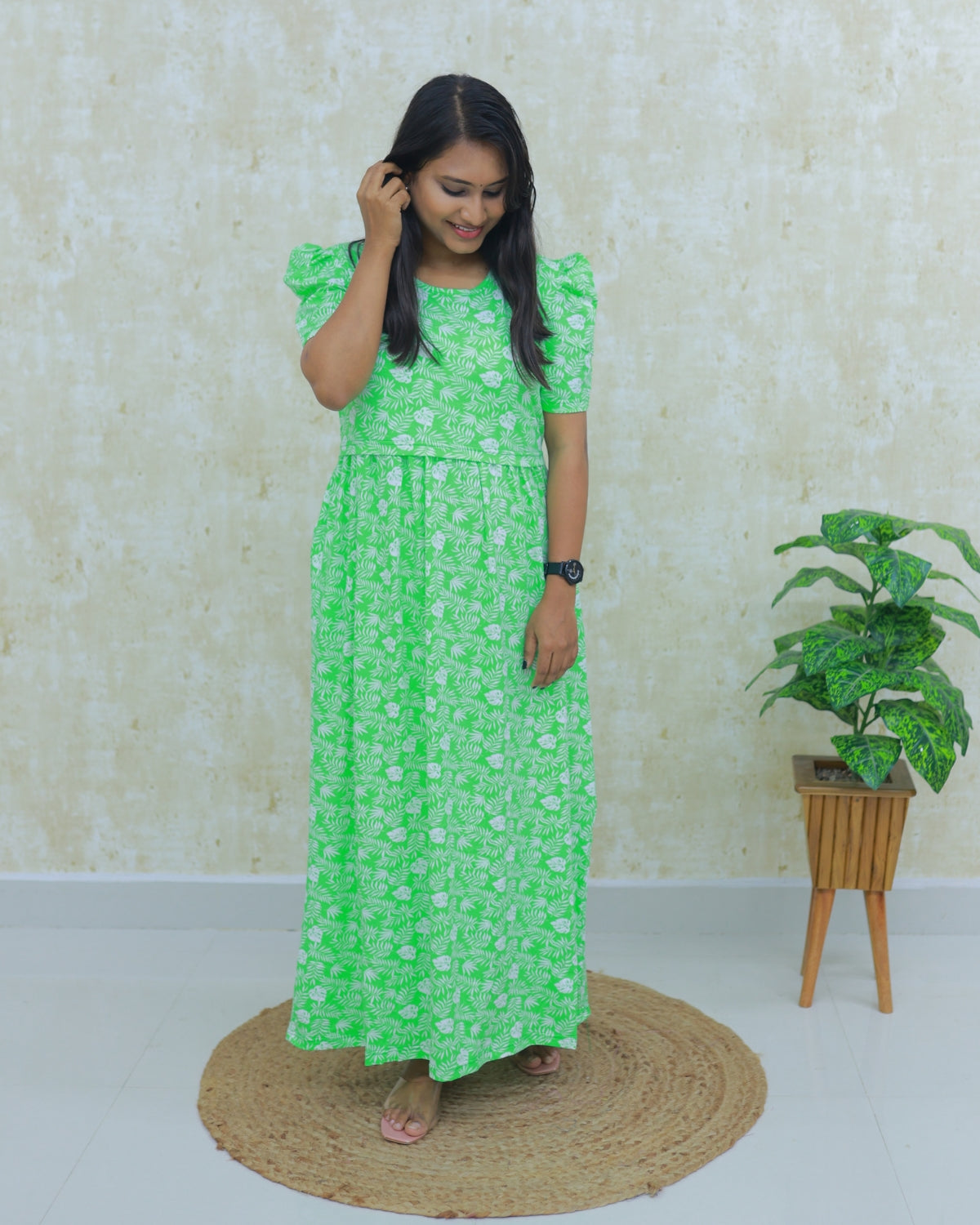 Sneha | Zipless Maternity Dress - Puff Sleeves | Full Length Maxi