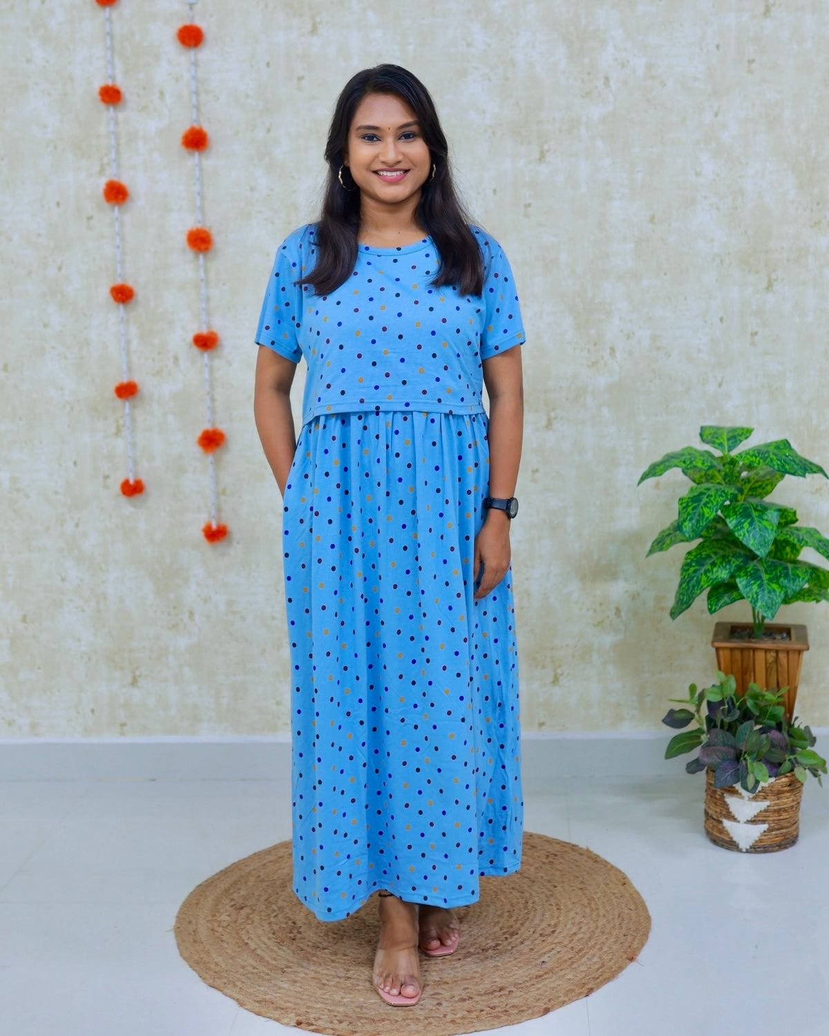 Polka | Zipless Maternity Dress - Normal Sleeves | Full Length Maxi