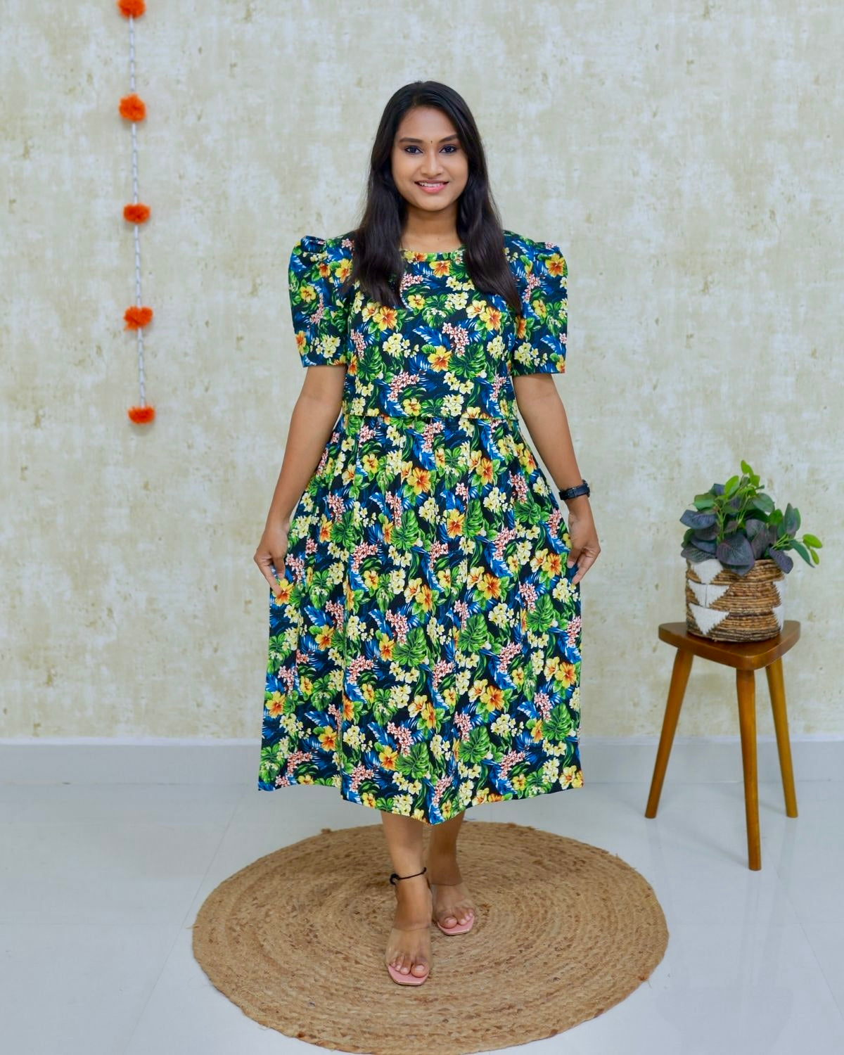 Aditi | Zipless Maternity Dress - Puff Sleeves | Calf Length