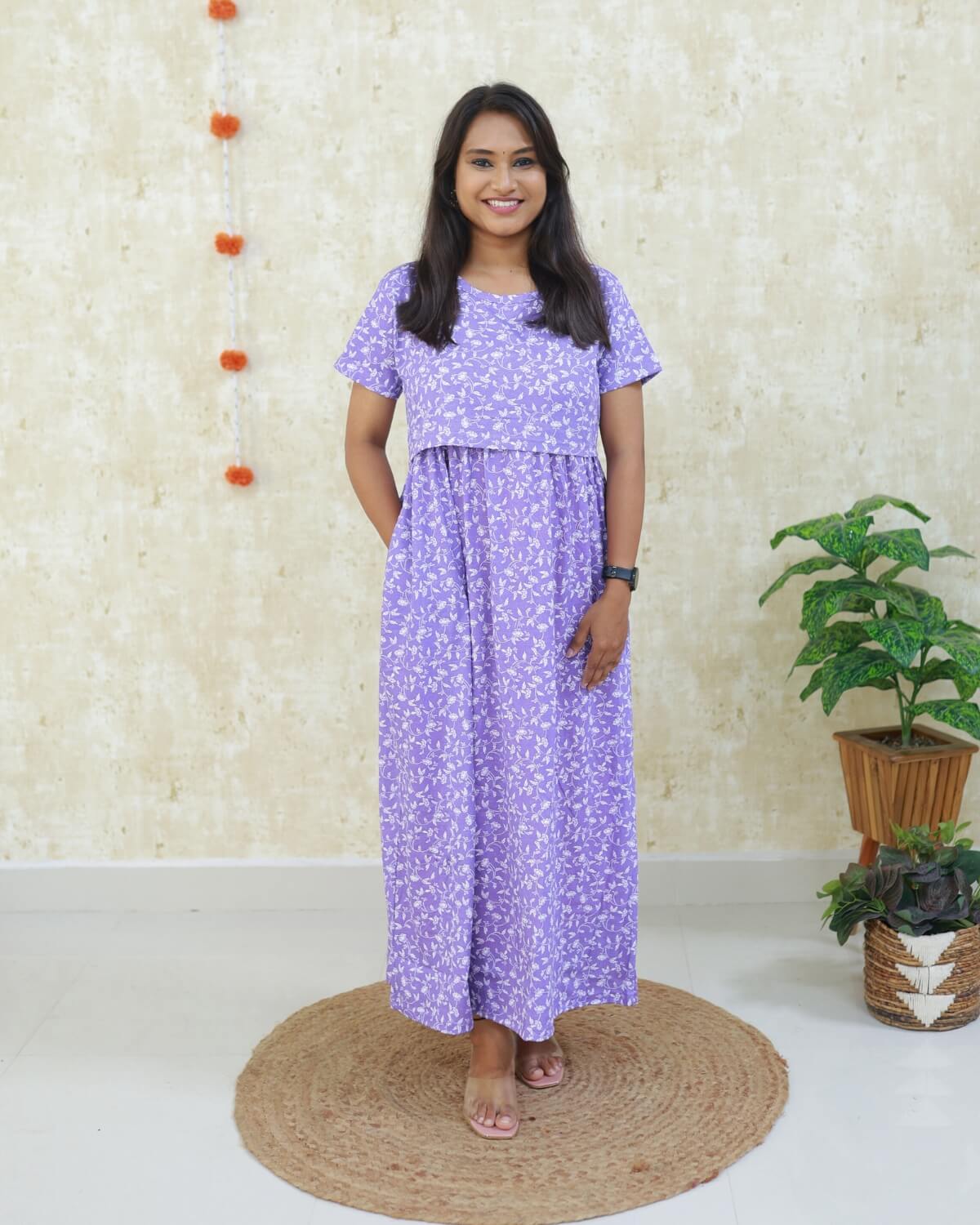 Purple Bloom | Zipless Maternity Dress - Normal Sleeves | Full Length Maxi