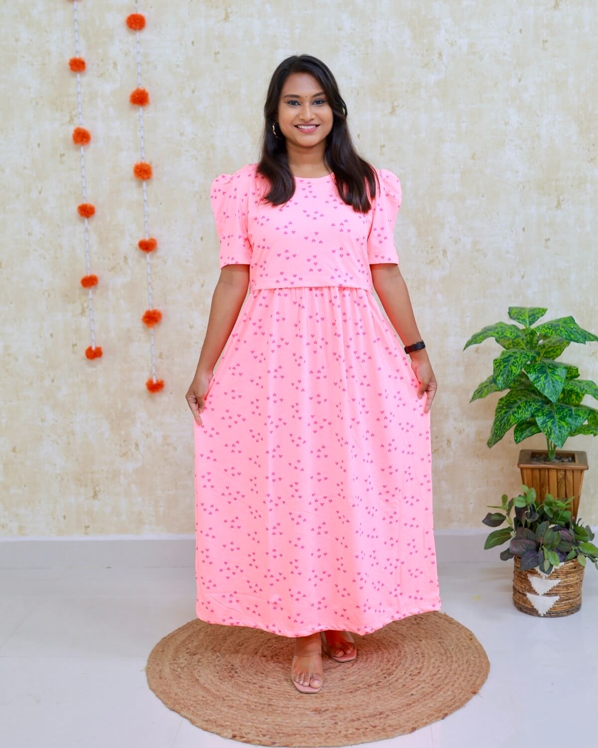 Peach Heart | Zipless Maternity Dress - Puff Sleeves | Full Length Maxi