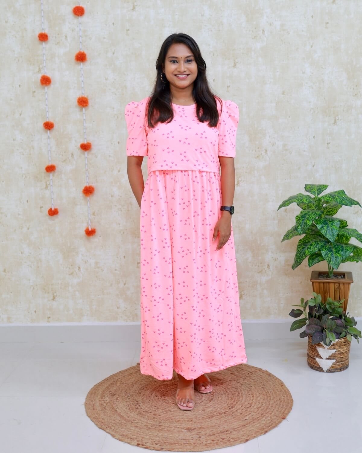 Peach Heart | Zipless Maternity Dress - Puff Sleeves | Full Length Maxi