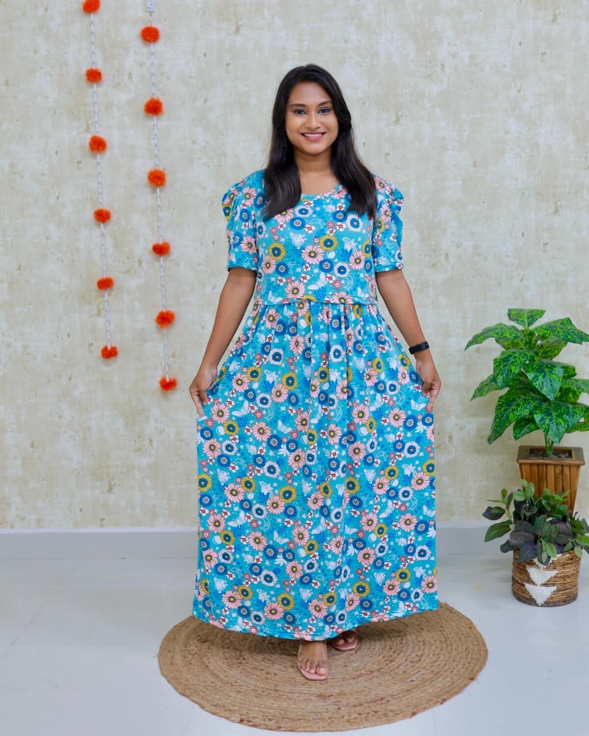 Varsha | Zipless Maternity Dress - Puff Sleeves | Full Length Maxi