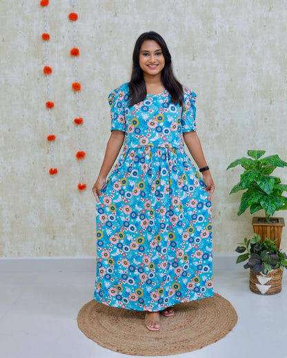 Varsha | Zipless Maternity Dress - Puff Sleeves | Full Length Maxi