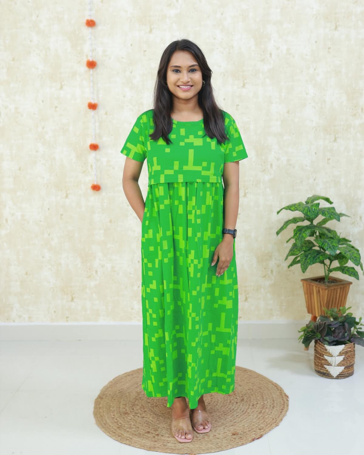 Green Tint | Zipless Maternity Dress - Normal Sleeves | Full Length Maxi