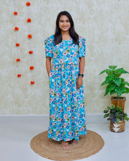 Varsha | Zipless Maternity Dress - Puff Sleeves | Full Length Maxi