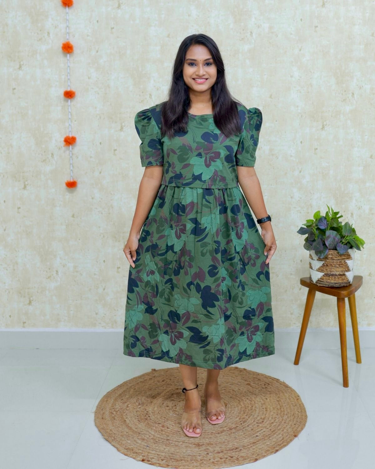 Arika | Zipless Maternity Dress - Puff Sleeves | Calf Length