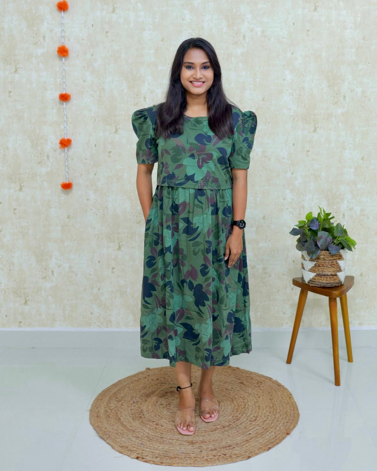 Arika | Zipless Maternity Dress - Puff Sleeves | Calf Length