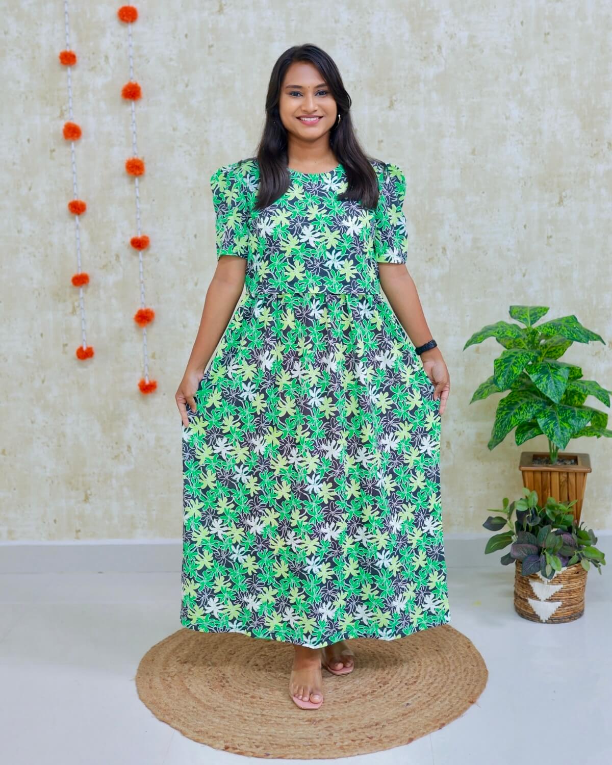 Green Floral | Zipless Maternity Dress - Puff Sleeves | Full Length Maxi