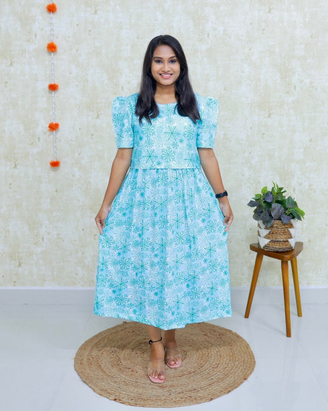 Bhumika | Zipless Maternity Dress - Puff Sleeves | Calf Length