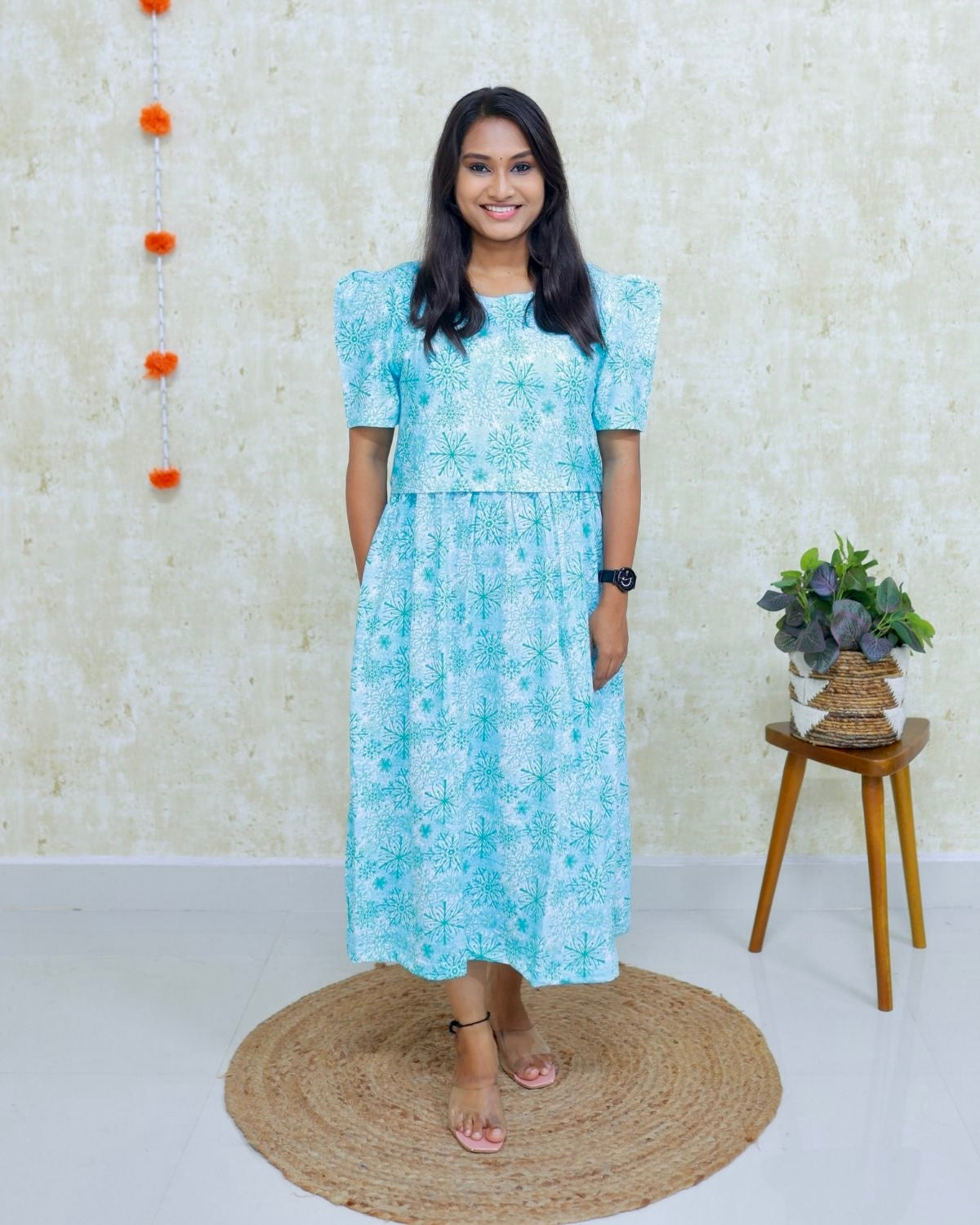 Bhumika | Zipless Maternity Dress - Puff Sleeves | Calf Length