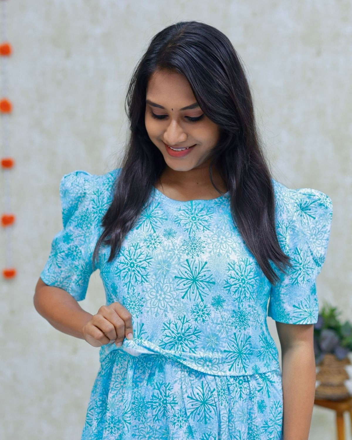 Bhumika | Zipless Maternity Dress - Puff Sleeves | Calf Length