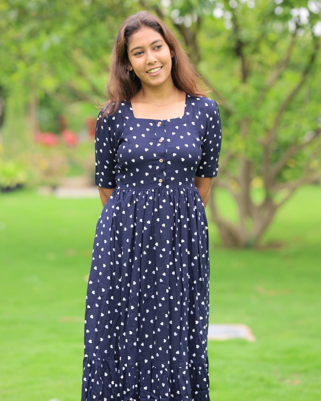 Navy Hearts | Maternity Maxi  [Center Button] - Only 3XL Size