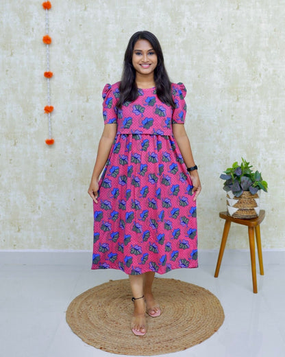 Agni | Zipless Maternity Dress - Puff Sleeves | Calf Length