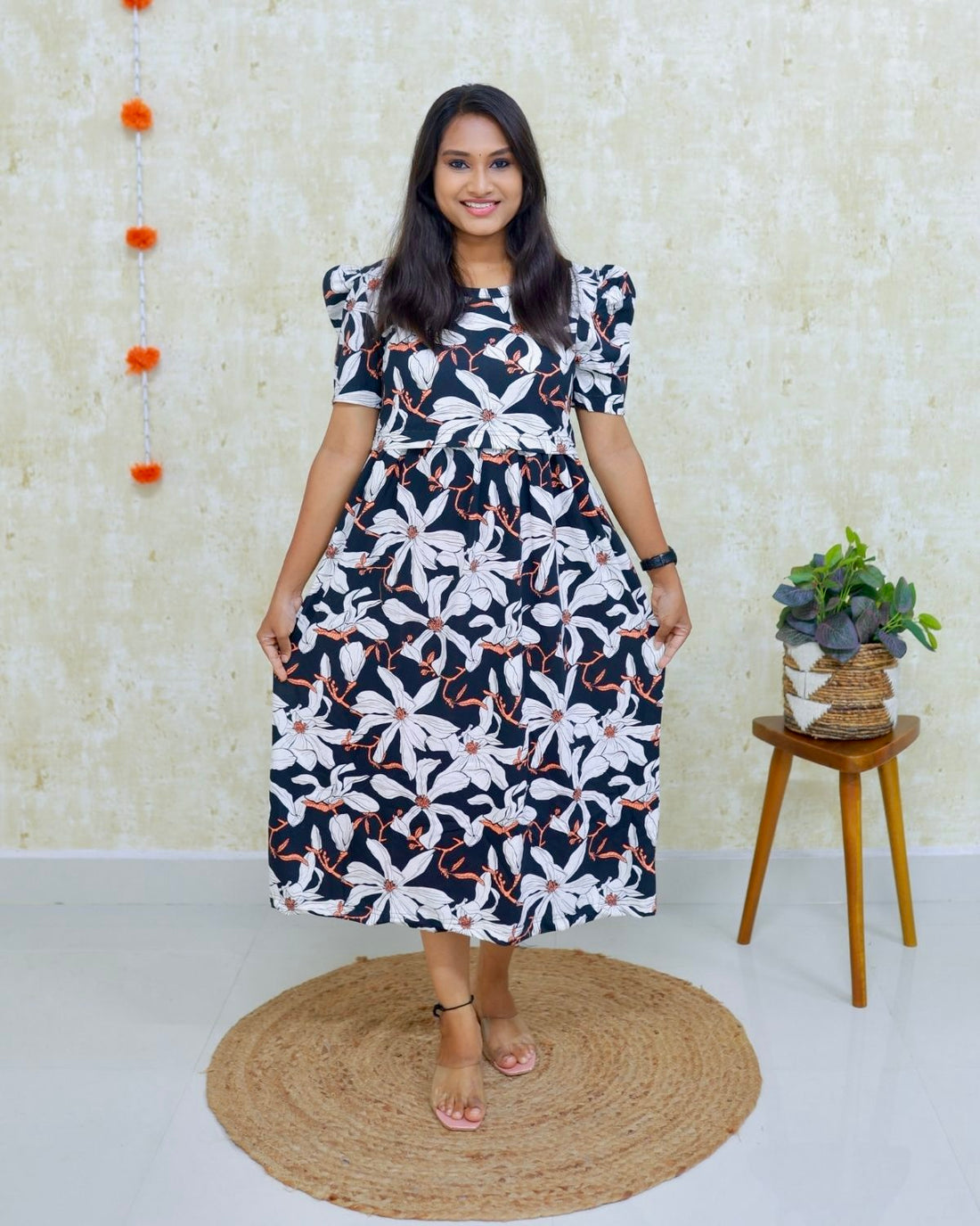 Aanya | Zipless Maternity Dress - Puff Sleeves | Calf Length