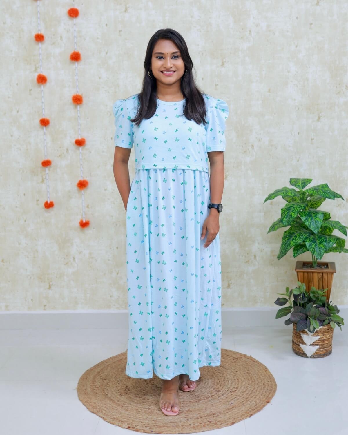 Ishita | Zipless Maternity Dress - Puff Sleeves | Full Length Maxi