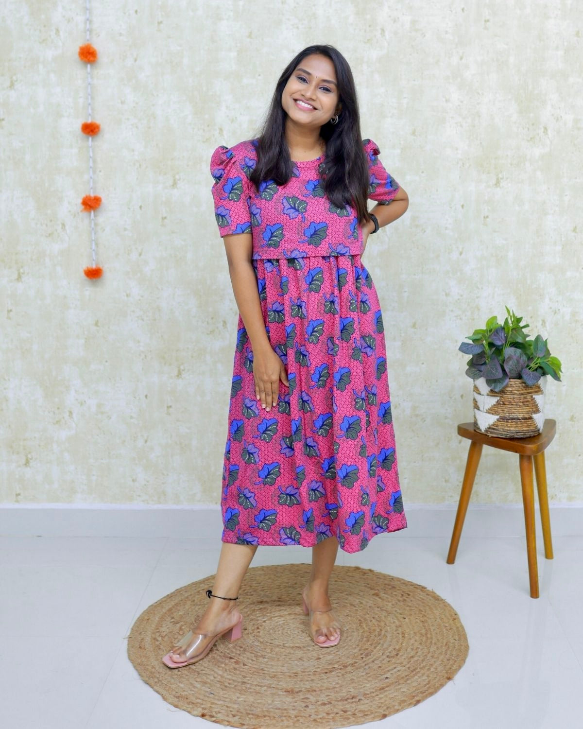 Agni | Zipless Maternity Dress - Puff Sleeves | Calf Length