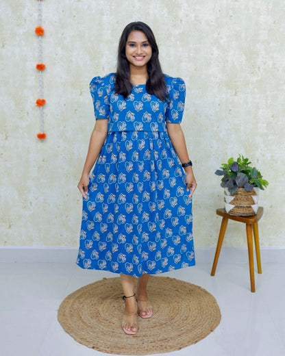 Jal | Zipless Maternity Dress - Puff Sleeves | Calf Length