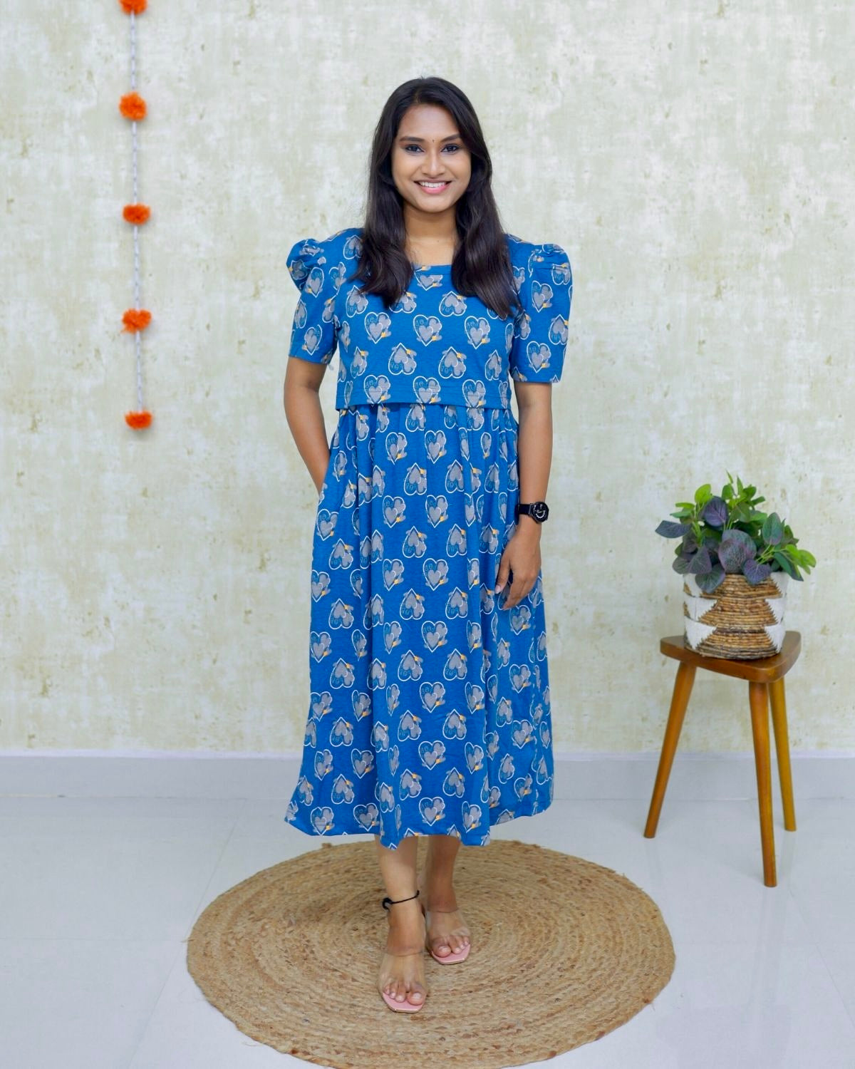 Jal | Zipless Maternity Dress - Puff Sleeves | Calf Length