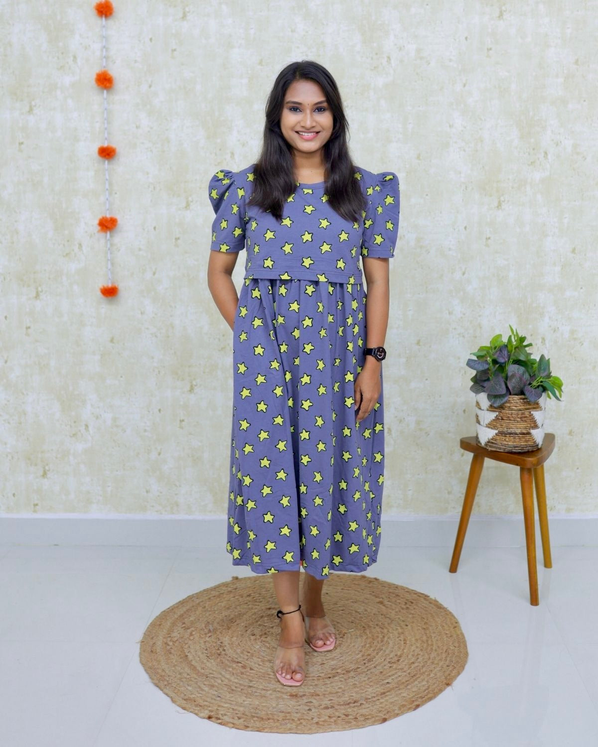 Saanvi | Zipless Maternity Dress - Puff Sleeves | Calf Length