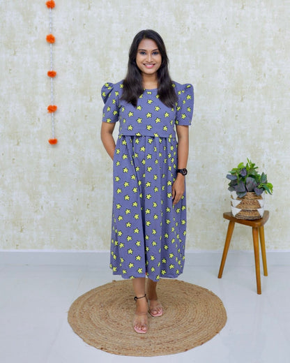 Saanvi | Zipless Maternity Dress - Puff Sleeves | Calf Length