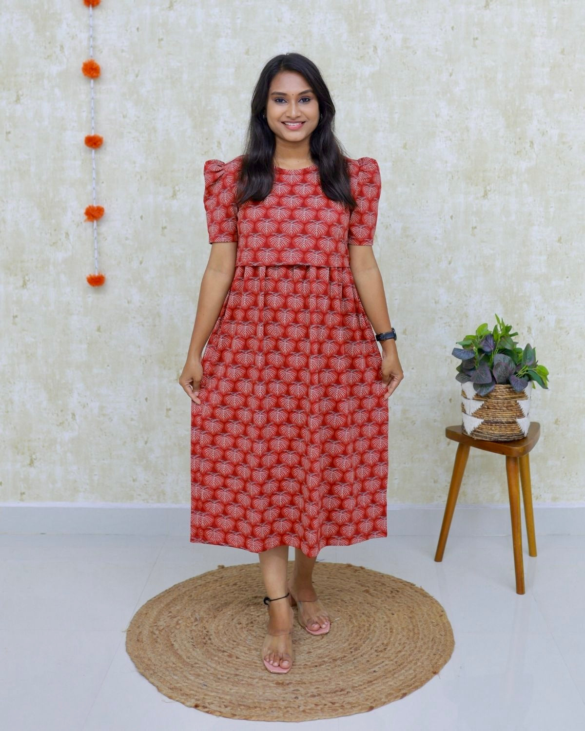 Tanvi | Zipless Maternity Dress - Puff Sleeves | Calf Length