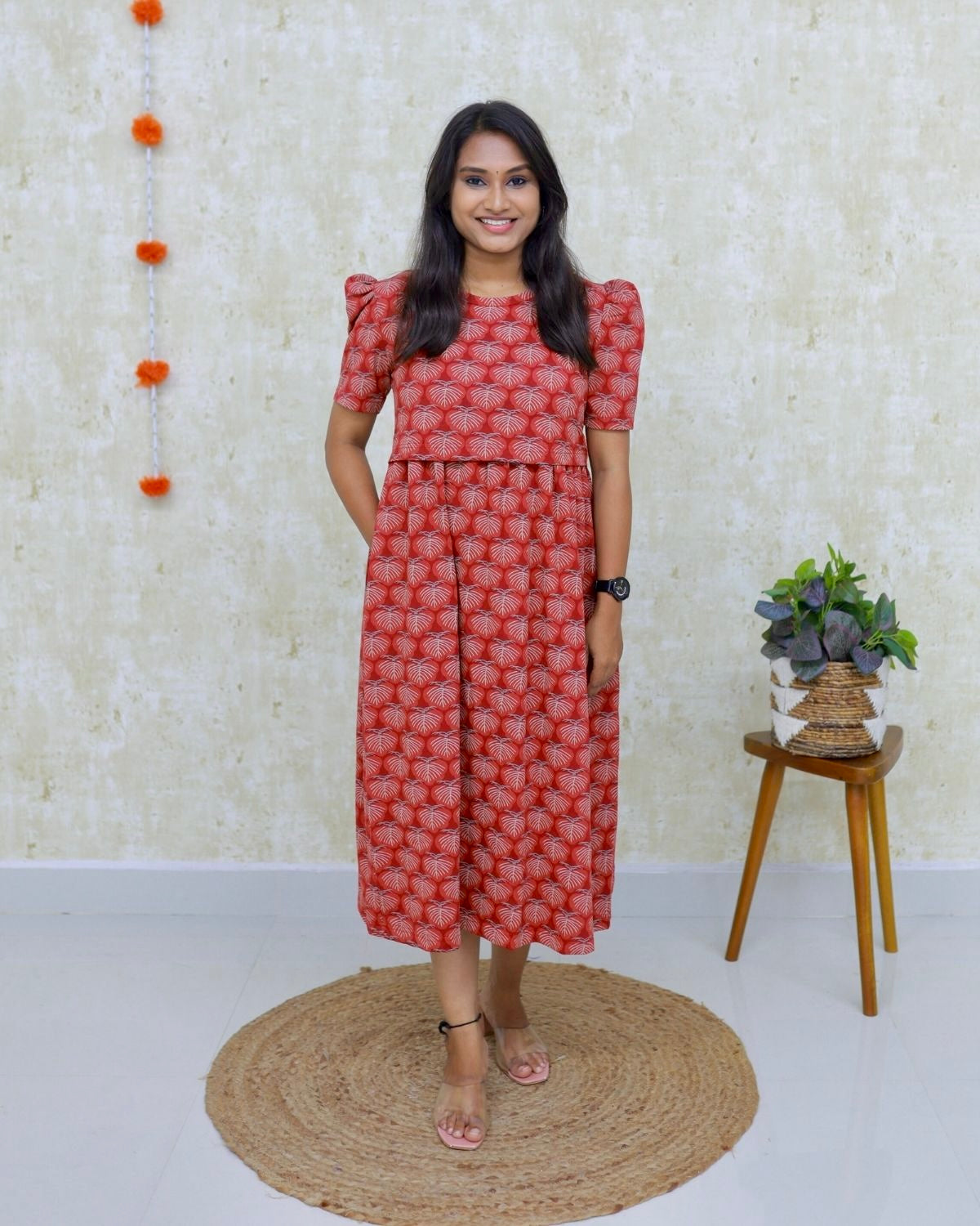 Tanvi | Zipless Maternity Dress - Puff Sleeves | Calf Length