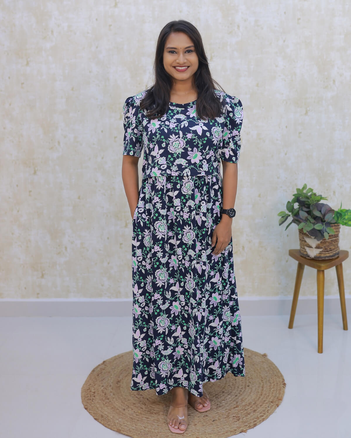 Tendral | Zipless Maternity Dress - puff Sleeves | Full Length Maxi